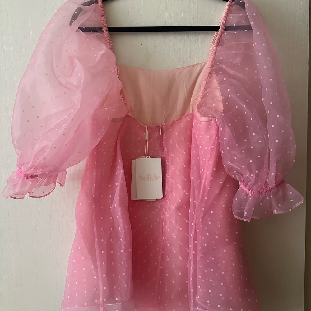 Selkie Pink Polka Dot Sheer Puff Sleeve Mini Dress NWT - Picture 3 of 4